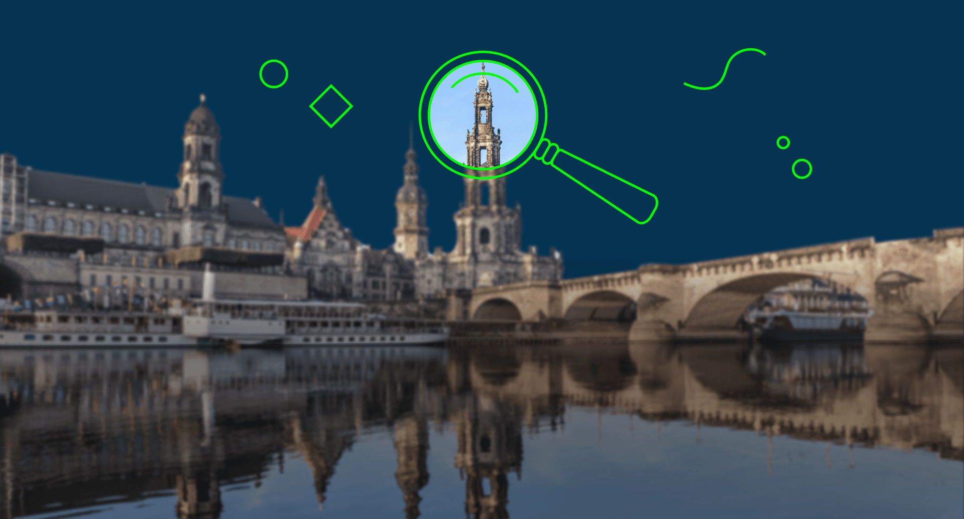 Dresden als Hintergrundbild. Mit einer Lupe wird ein Teil des Bildes herangezoomt.